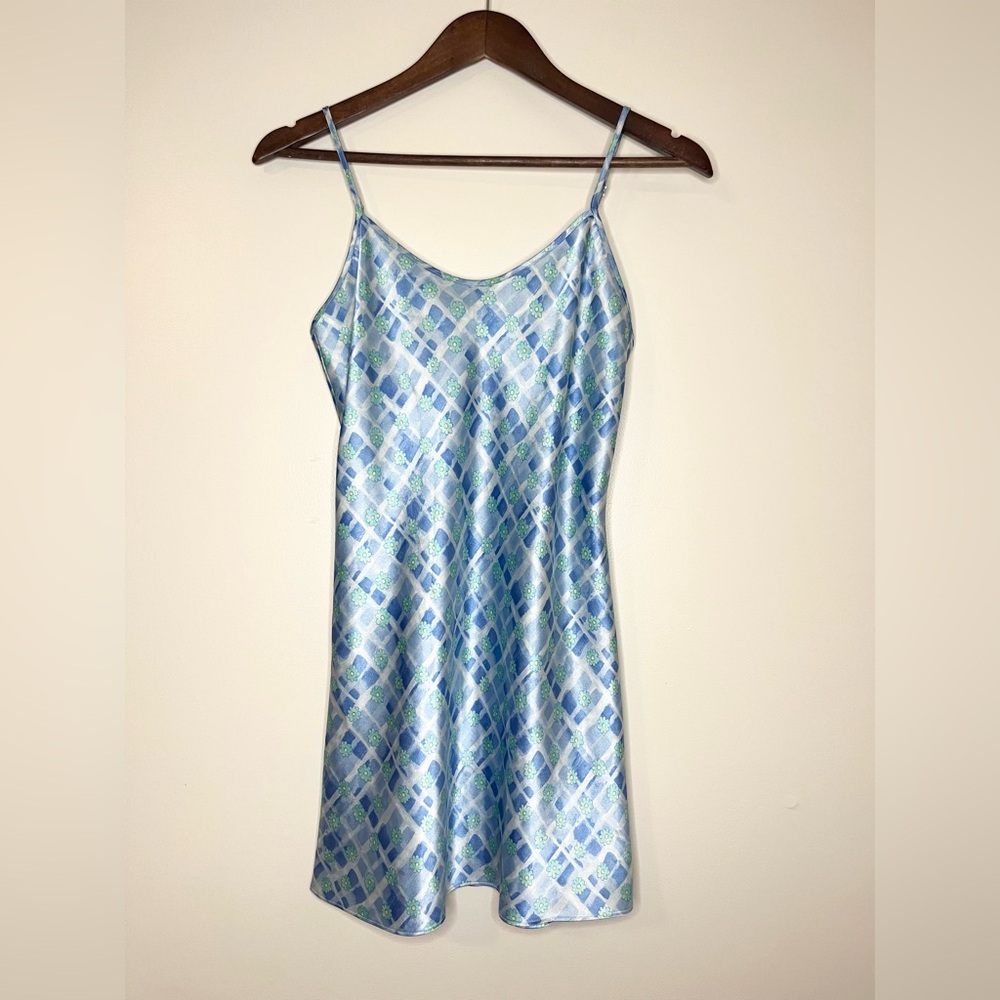 ANGELIQUE Vintage Daisy Floral Light Blue Slip Lingerie Mini Dress | Small